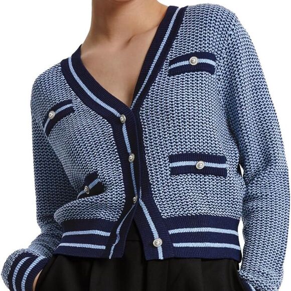 NWT Urban Revivo Tweed Knit Blue and Navy Cardigan w/ Faux Pearl Buttons Size S - Picture 1 of 13